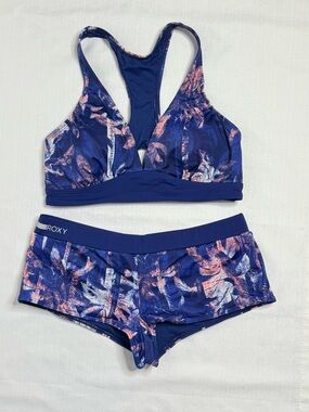 Roxy Floral Bikini Set Cross Back Top Swim Shorts Juniors Medium Blue
